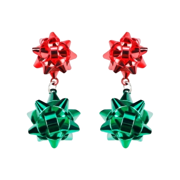 Festive Red and Green Christmas Bow Earrings - Picture 1 of 11